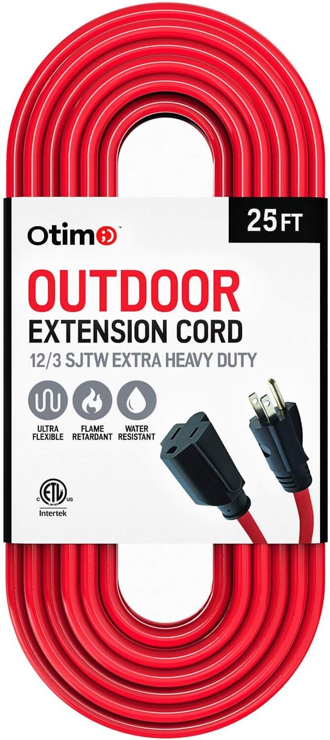 Otimo 25 ft 12/3 Outdoor Extra Heavy Duty Extension Cord - Professional Series - 3 Prong Extension Cord, Red - - 