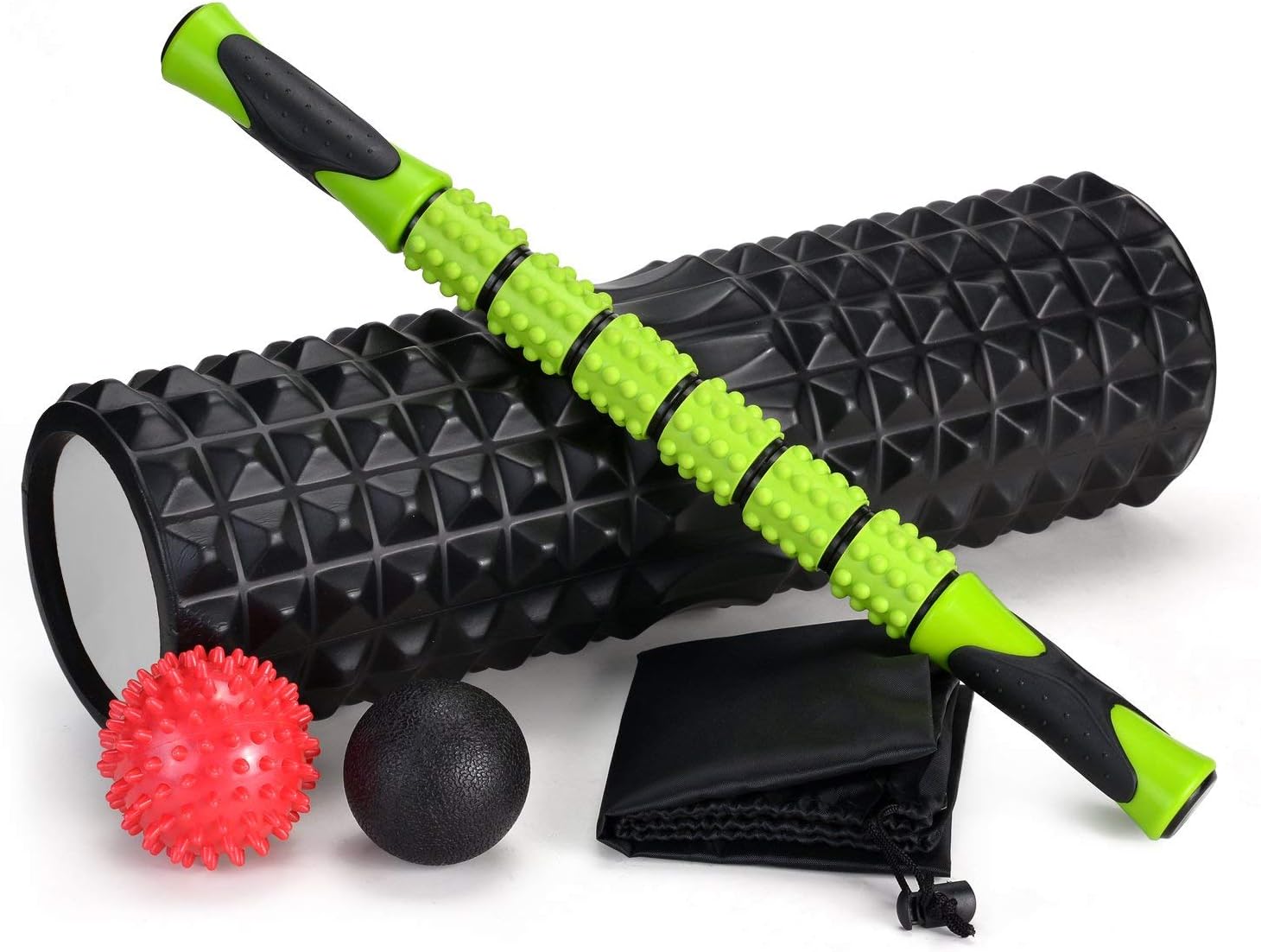 Julymall 18" Large Size Foam Roller 5 Piece Set with Lightweight Muscle Roller Stick and 2 Massage Balls, High Density for Physical Therapy, Deep Tissue Trigger, Pain Relief, Myofascial Release,5-I.