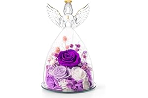 AIMEYE Christmas Roses Gifts for Mom,Preserved Real Flowers Roses in Glass Angel Figurines, for Grandma Women Mom Wife Mother in Law/Purple