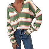 EVALESS Sweaters for Women Long Sleeve V Neck Striped Knit Drop Shoulder Fall Jumper 2025 Henley Pullover