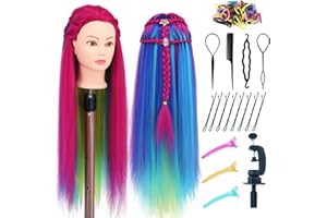 Eumos Mannequin Head with Hair 29'' Training Head Braiding Doll Head Styling Manikin Cosmetology Mannequin Head Hair Practice Model Head with Clamp Holder (Rose Red Series)