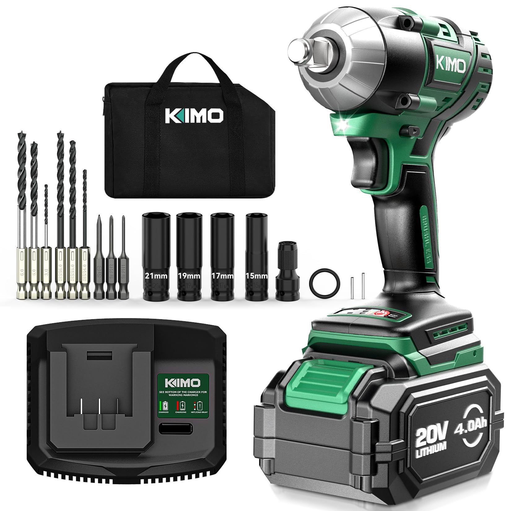 【2025新型】KIMO インパクトレンチ 電動インパクトレンチ 充電式 20V 4000mAhバッテリー コードレス 無断変速 自動停止モード タイヤ交換 インパクト ソケット7本 正逆切替 最大トルク500N·m ブラシレスモーター LEDライト付き 1/2インチ 充電式インパクトレンチ 電動レンチ 自動車の修理 ナットの締め付け ボルトの緩み 過負荷・過熱・放電保護 QM-3603 の商品画像