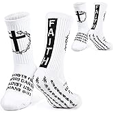 Subesty 2 Pairs Cross Grip Soccer Socks for Men, Anti Slip Athletic Crew Socks Christian Catholic Jesus Faith Sock with Bible Verse for Soccer Football Running Yoga Basketball