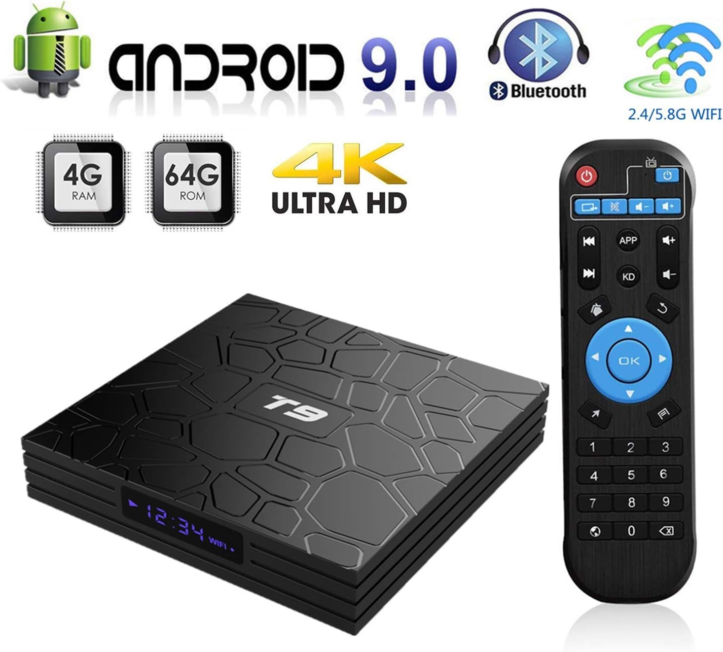Android 9.0 TV Box, 2019 Newest Smart T9 Box 4GB RAM 64GB ROM RK3318 Quad-core 64 Bits Set Top Box Support 4K 3D 2.4Ghz/5Ghz Dual WiFi BT 4.0 USB 3.0 H.265 HDMI Output Ultra HD Video Player