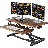 JOY worker Standing Desk Converter, 32" Height Adjustable Sit Stand Riser | Rustic Brown Table Top Stand Up desk with Fixed Keyboard Tray, Monitor and Laptop Workstation, Particle Board, Home Office