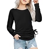 Arshiner Girls Long Sleeve Shirts Ruched Knot Side Tunic Blouse Tee Tops