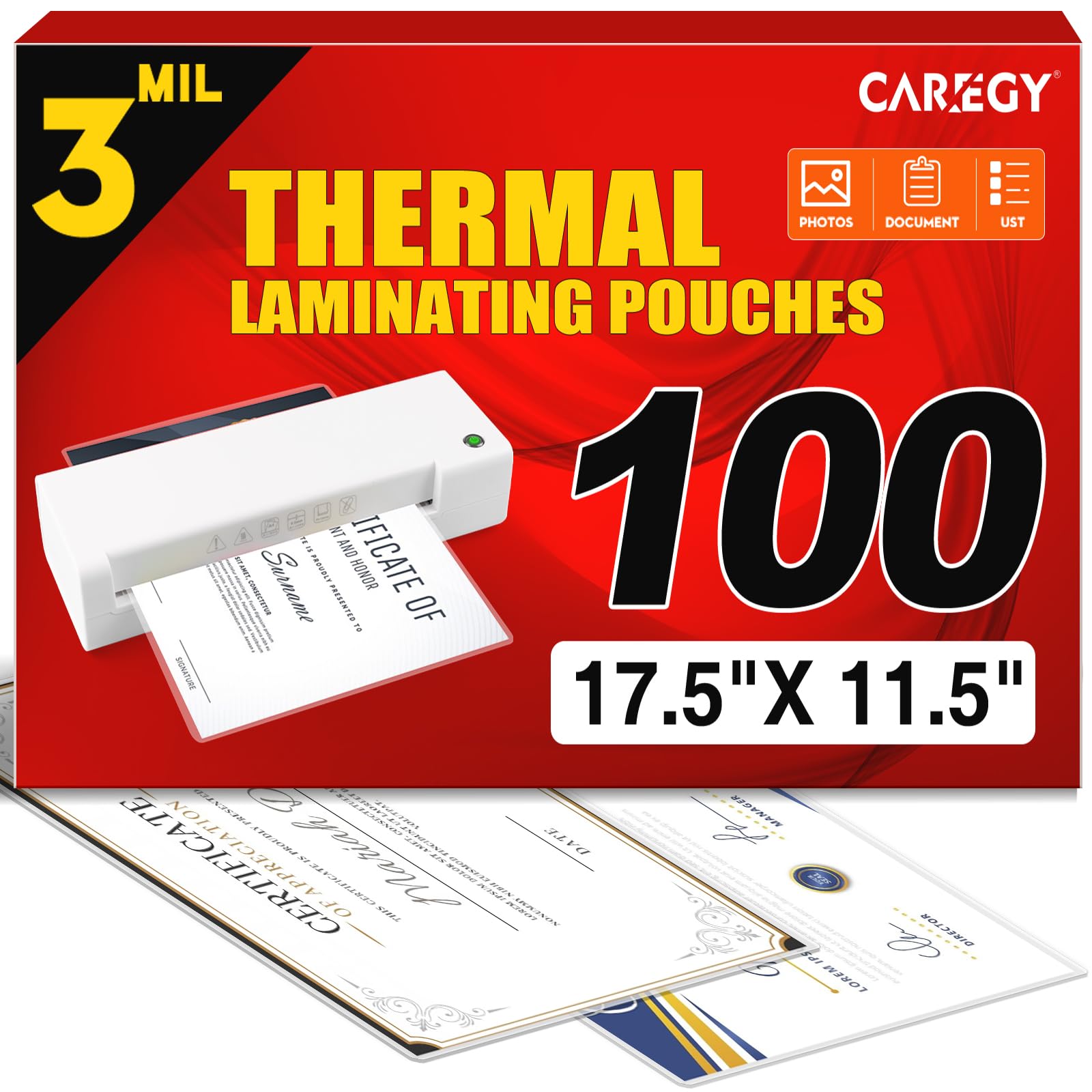 CAREGY 100 Pack Laminating Sheets, Hold 11 x 17 Inch Sheet, 3 Mil Clear Thermal Laminating Pouches 11.5 x 17.5 Inch Lamination Sheet Paper for Laminator, Round Corner