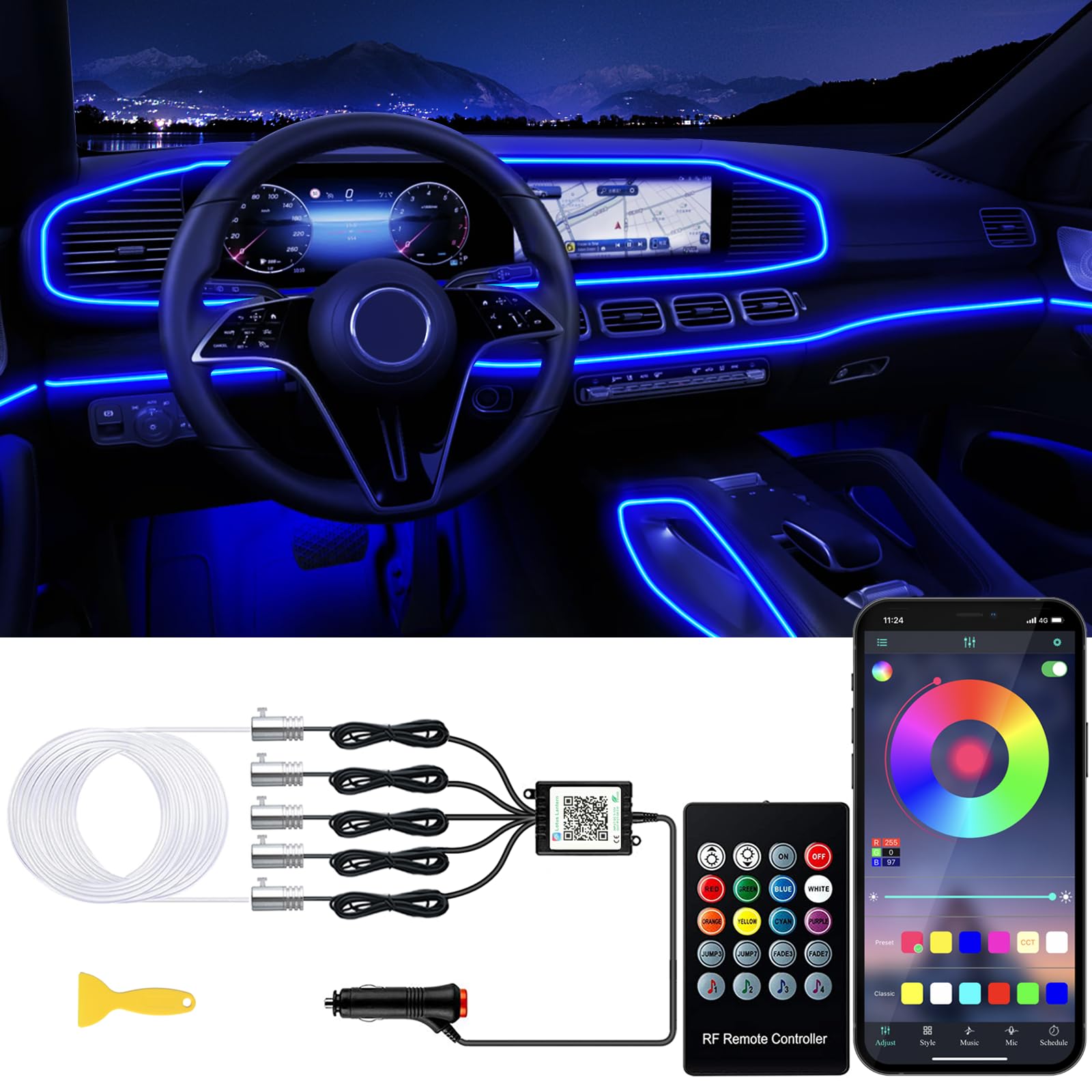 Photo 1 of Jushope Interior Car LED Strip Lights with Wireless APP and Remote Control, RGB 5 in 1 Ambient Lighting Kits with 236 inches Fiber Optic, 16 Million Colors Car Neon Lights, Sync to Music