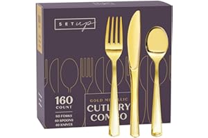 SETUP [160 Count] Disposable Silverware, Gold Combo Cutlery - 80 Forks, 40 Spoons, 40 Knives - Heavy Duty, and Durable Gold Plastic Silverware Set Great for Parties, Events and Everyday use