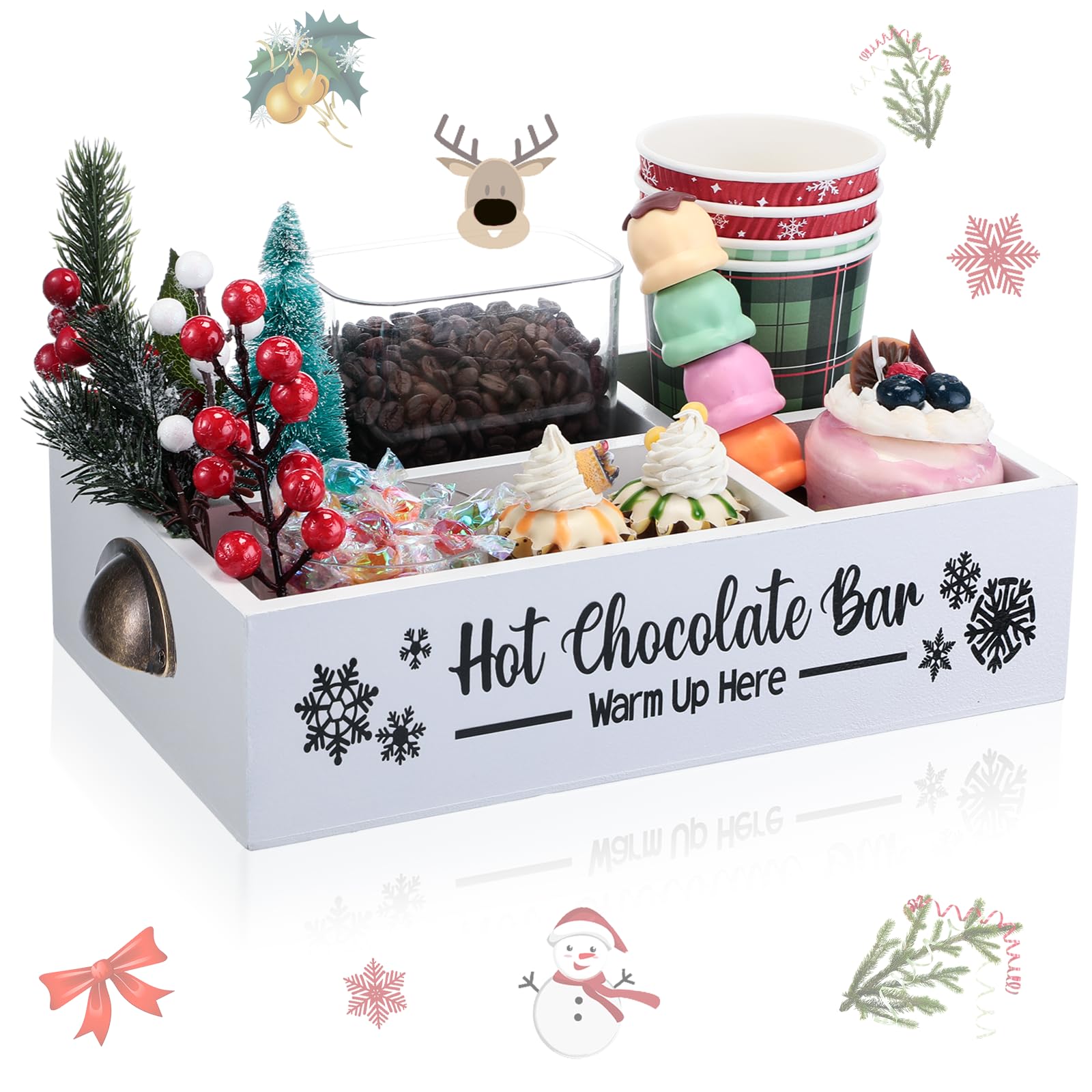 Photo 1 of Soaoo Christmas Hot Cocoa Bar Coffee Station Organizer Decorative Wood Storage Box with Handle Coffee Organizer Pod Holder for Countertop Decorative Xmas Storage Bins Bar Accessories(White)