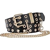 FIORETTO Grommet Leather Belt with Detachable Chain Women Men Punk Rock Waist Belts for Jeans Pants