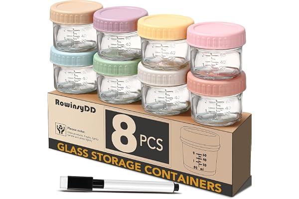 RowinsyDD 8 Pack Glass Baby Food Storage Containers, 2 oz Leakproof Baby Food Jars with Lids, Small Glass Food Containers for Infant Baby, Freezer Safe