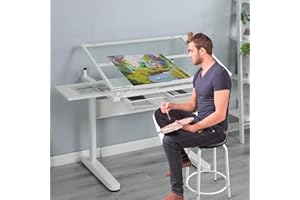 Roockky Drafting Desk with Stool, Upgraded Hand Crank Adjustable Height Art Table with Storage, 0-75° Tilting Glass Tabletop Drawing Table for Artists, Ergonomic Design for Painting, Sketching, White