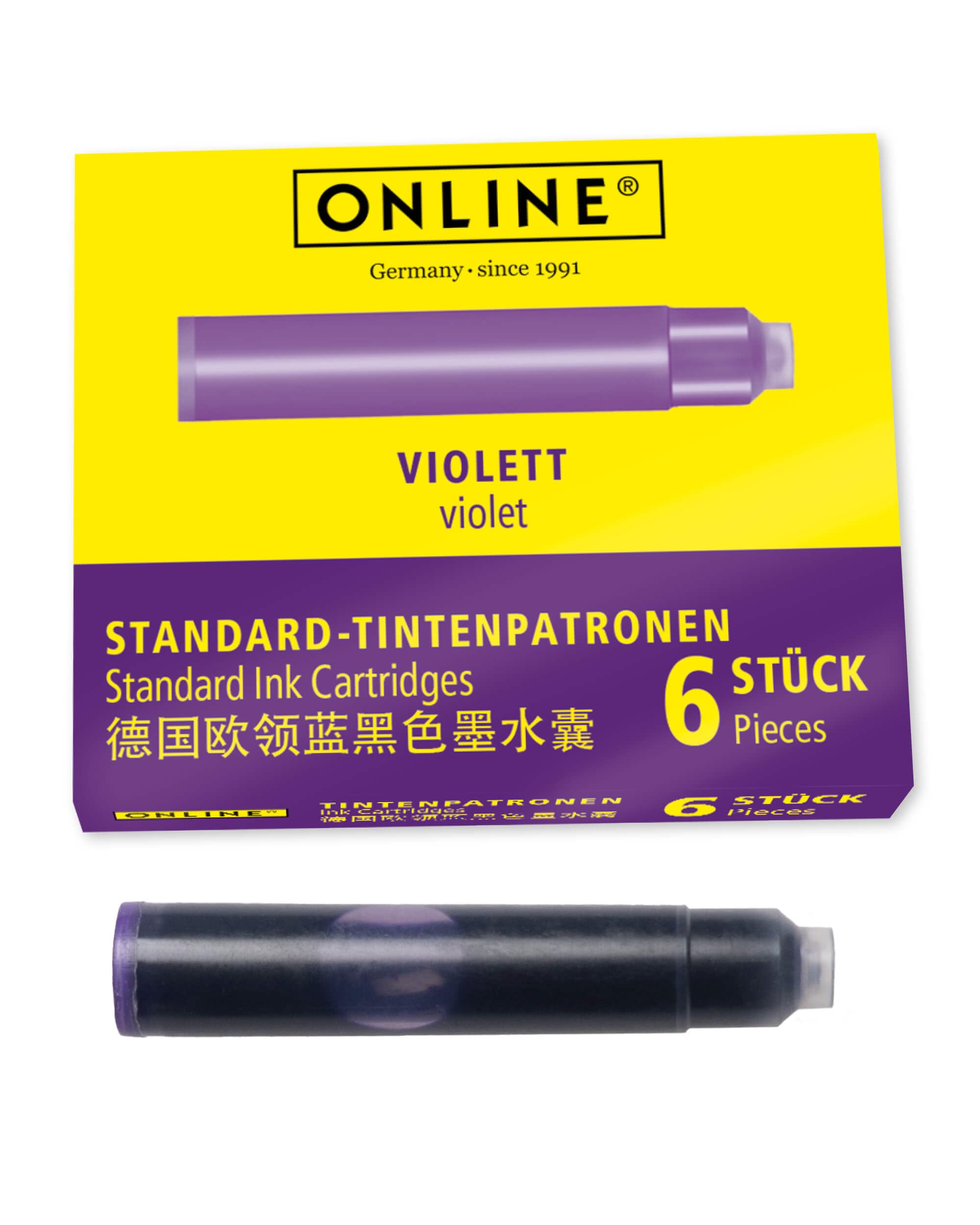 ONLINE Standard Ink Cartridges, Universal Ink, Compatible with Common Pens, Replacement Cartridges for Fountain Pens and Rollerballs, 6 Pieces, Purple Ink