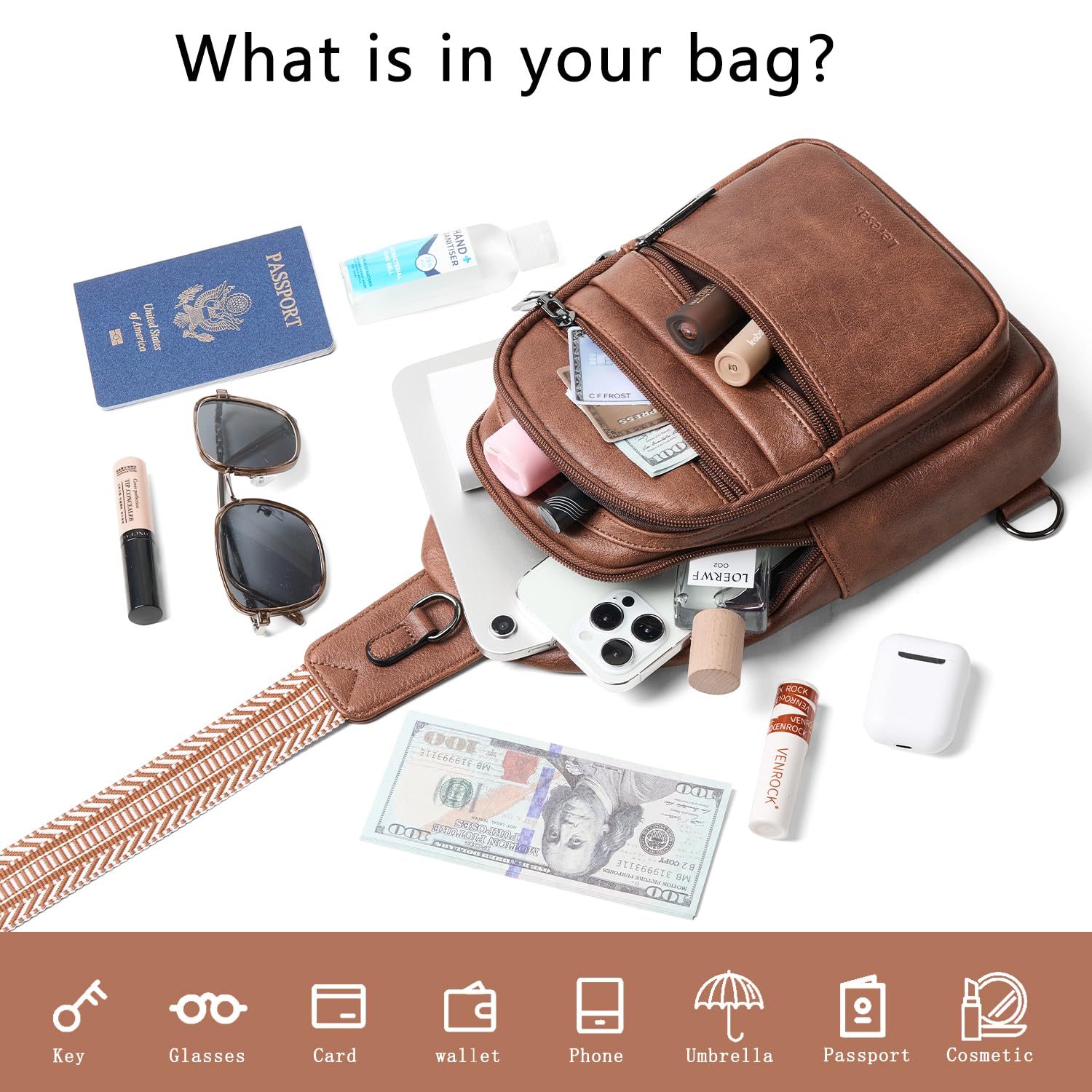 Leresas Sling Bag for Women Crossbody Bags Fanny Packs Over Shoulder Bag Sling Purse Backpack Vegan Leather Travel Brown