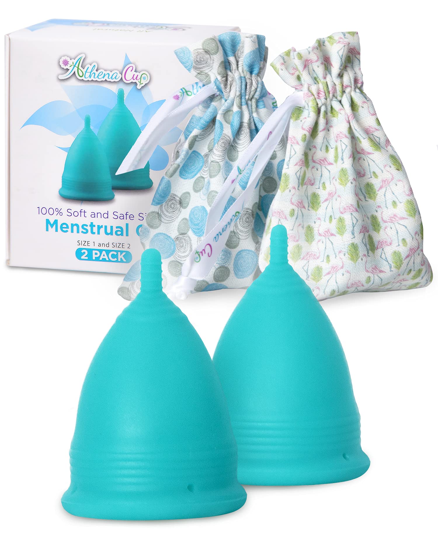 Menstrual Cups Set 2 Pack - (Large and Small) - Premium Reusable Period Cup Set for Regular and Heavy Flow - Insert Easier with The Athena Form Fit Rim - Solid Blue Size 1 and 2 - by Athena Cup