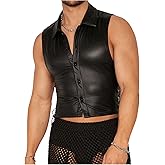 OYOANGLE Men's Faux Leather Tank Tops Sleeveless Fitted Muscle Undershirt Button Down Vest Top Nightwear