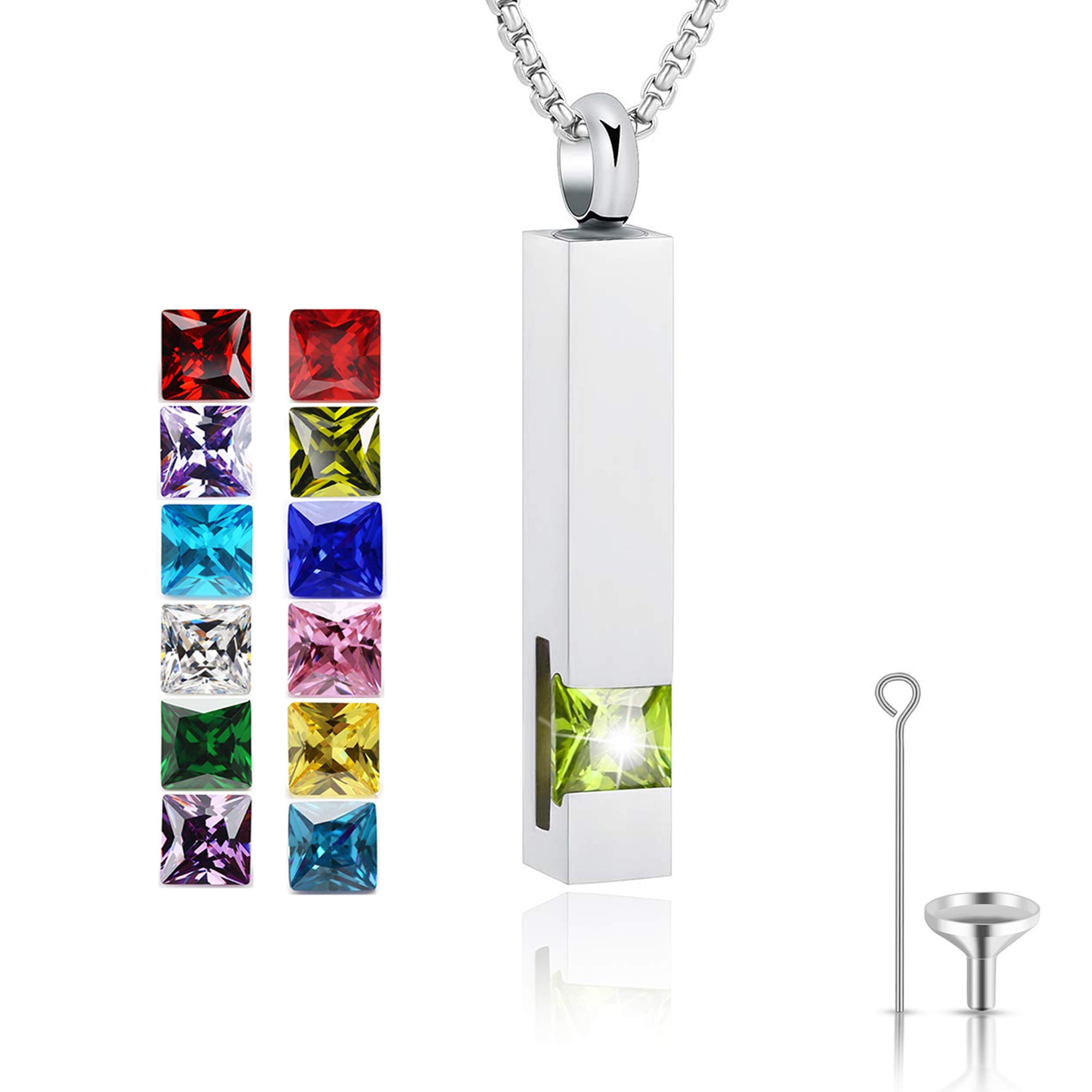Urn Necklace for Ashes Birthstone Cuboid Cremation Jewelry Keepsake Holder Memorial Locket Necklace Pendant