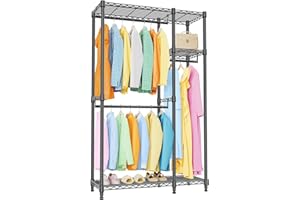 IZEUK 2 Combination Heavy Duty Garment Rack Wire Clothes Rack for Hanging Clothes, Metal Freestanding Closet Wardrobe Rack with 3 Rods Black 15.7" D x 43.3" W x 76.5" H