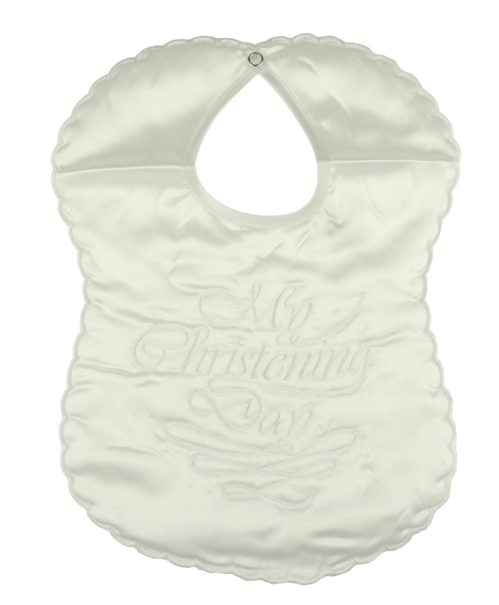 Baby Girls Boys White Embroidered Satin My Christening Baptism Special Day Teddy Bear Bib Newborn - 6 Months (Christening Day Swirls)