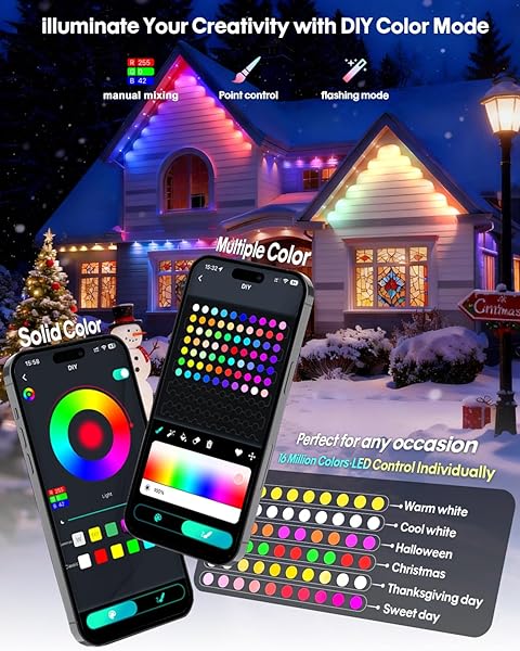 SUPER RGB PERMANENT OUTDOOR LIGHTS 150FT, SMART RGB+IC EAVE LIGHTS WITH REMOTE APP CONTROL, DIY LED COLOR INDIVIDUAL, WHITE & COLORFUL CHRISTMAS STRING LIGHT, IP67 WATERPROOF FOR HOUSE OUTSIDE DECOR