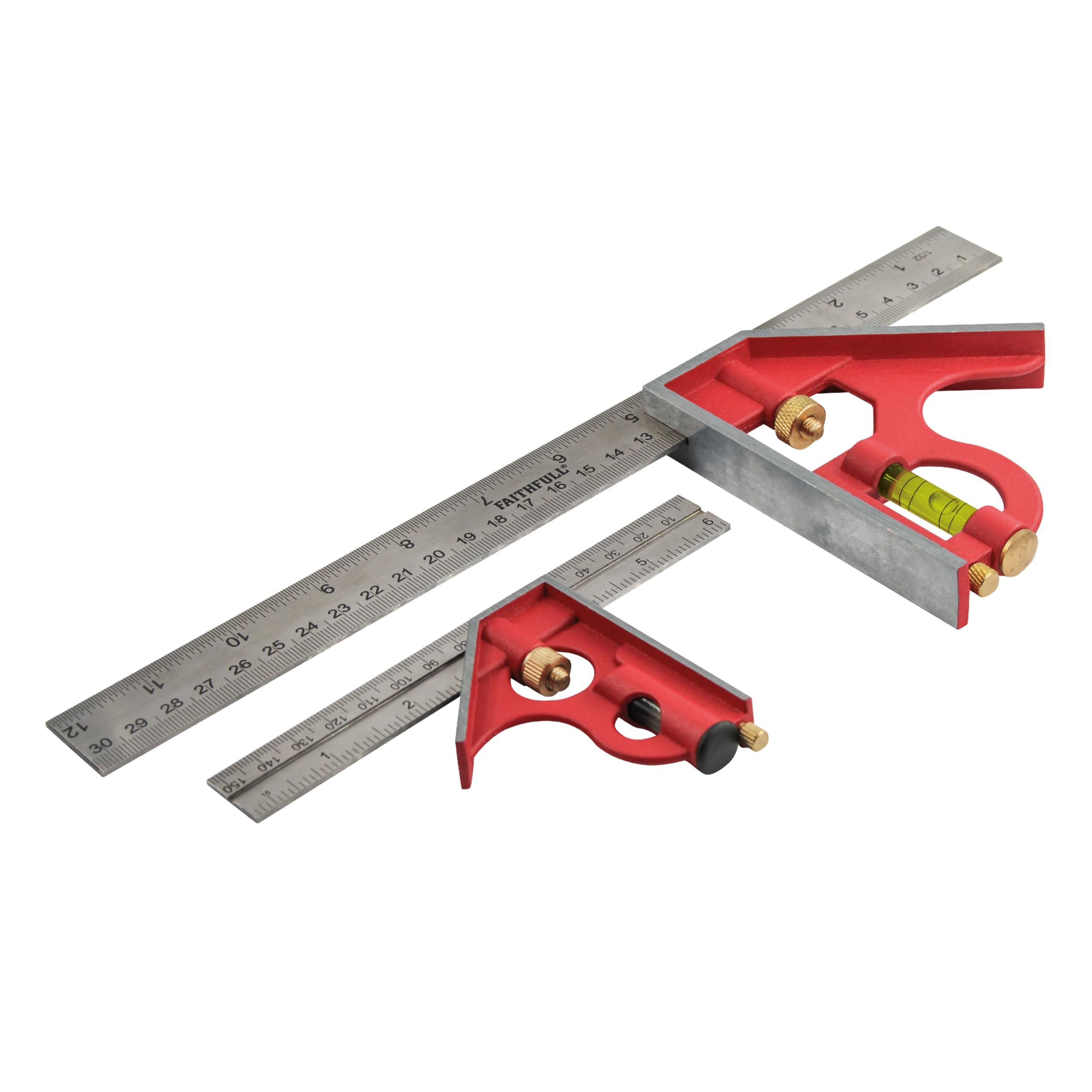 Faithfull Combination Square Twin Pack 150mm (6in) & 300mm (12in) – Multi-Function Set of Measuring & Layout Tools with Stainless Steel Rule, Spirit Level & Marking Scribe for Woodworking & Metalwork