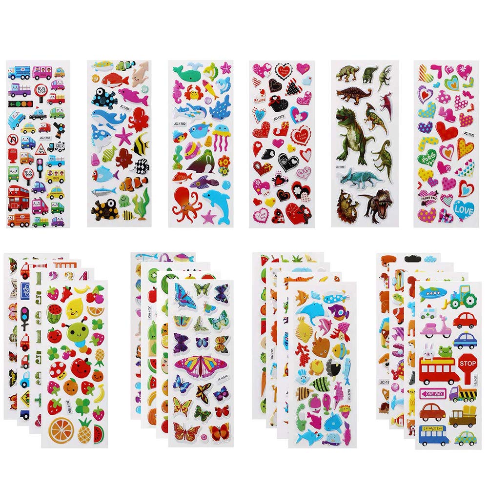 Vicloon 3D Stickers for Kids, 22 Variety Sheets 600+ Puffy Stickers, Children Sticker for Party Rewarding Gifts Scrapbooking Including Animals Fish Dinosaurs Numbers Fruits Trucks for 3+ Years