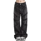Hugboom Mens Baggy Cargo Jeans Wide Leg Y2K High Waist Grunge Pants Women | Unisex Cargo Pants with Multiple Pockets,Mens Jeans Relaxed Fit,Casual Streetwear, Hip Hop Loose Fit Denim Pant,Goth Clothes