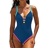 popvil One Piece Swimsuit for Women 2026 Front Strappy Bathing Suit Neon Color Block Swim Suits Deep V Neck Swimwear