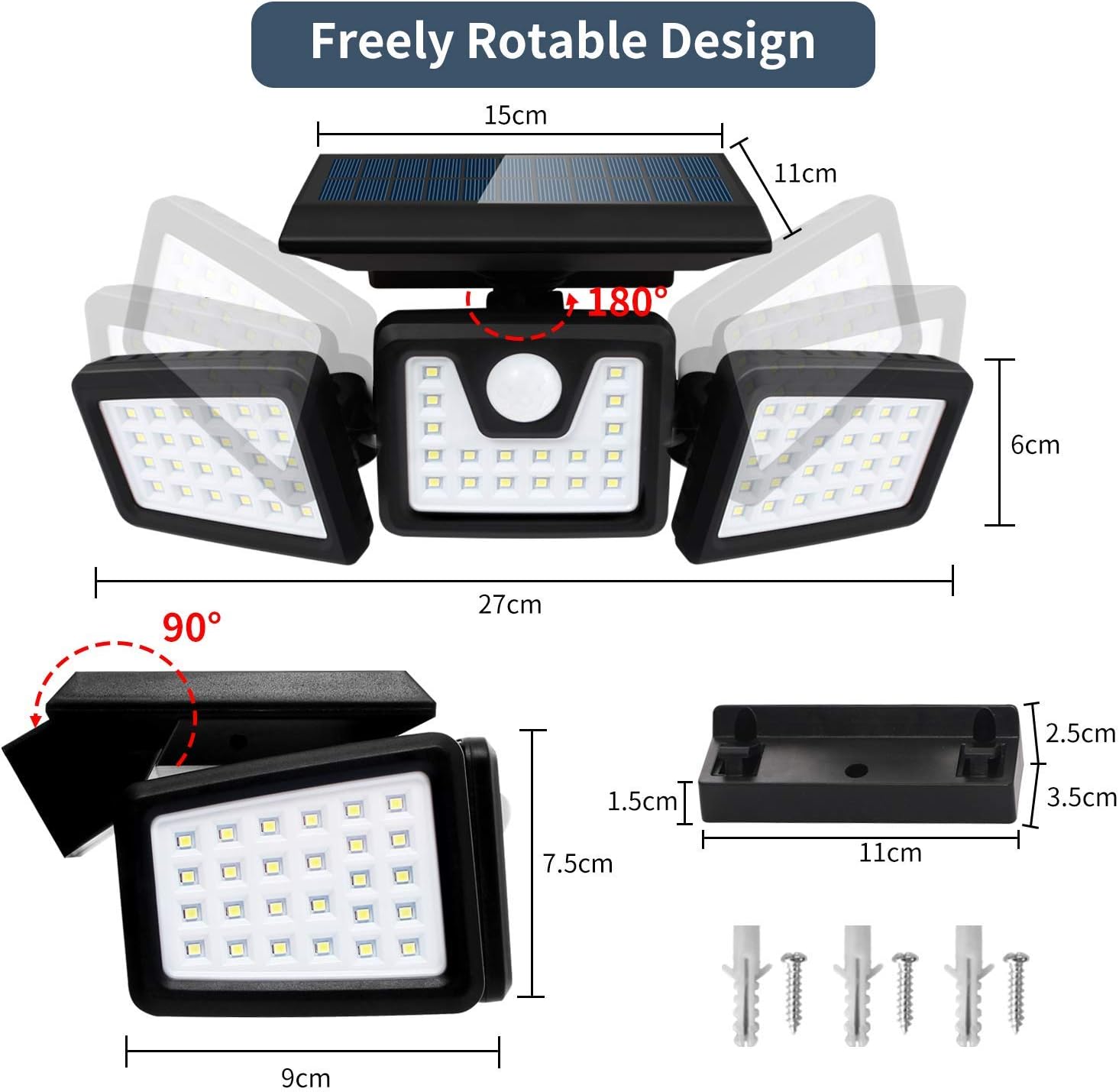 Otdair Solar Security Lights, 3 Head Motion Sensor Lights Adjustable 70LED Flood Lights Outdoor Spotlights 360° Rotatable IP65 Waterproof for Porch Garden Patio Yard Garage Pathway, 2 Pack - - 