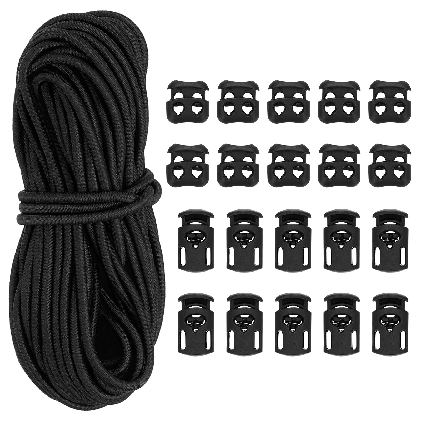 PATIKIL 16 Yard Elastic Bungee Cord & 10pcs Single Hole Cord Lock & 10pcs Double Hole Spring Toggle Stopper for Paracord Drawstring Shoelace Clothing Backpack Bags, Black