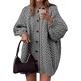 Saodimallsu Womens Cable Knit Cardigans Oversized Chunky Button Down Long Lantern Sleeve Crew Neck Warm Sweater Dress