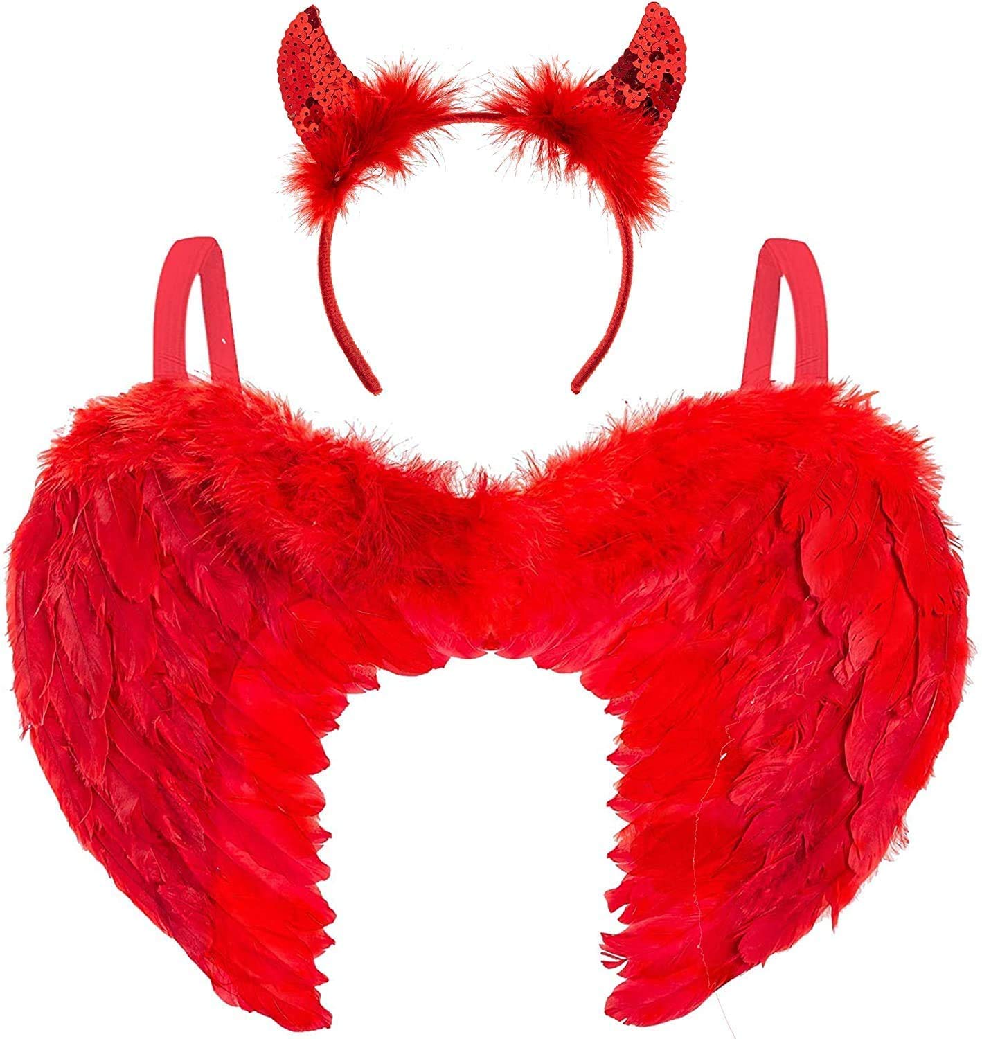 Red Devil Wings and Horns Headband - Red Wings and Horns Halloween Headband - Fallen Angel and Devil Accessories for Halloween Costumes Adult Women or Kids Fancy Dress