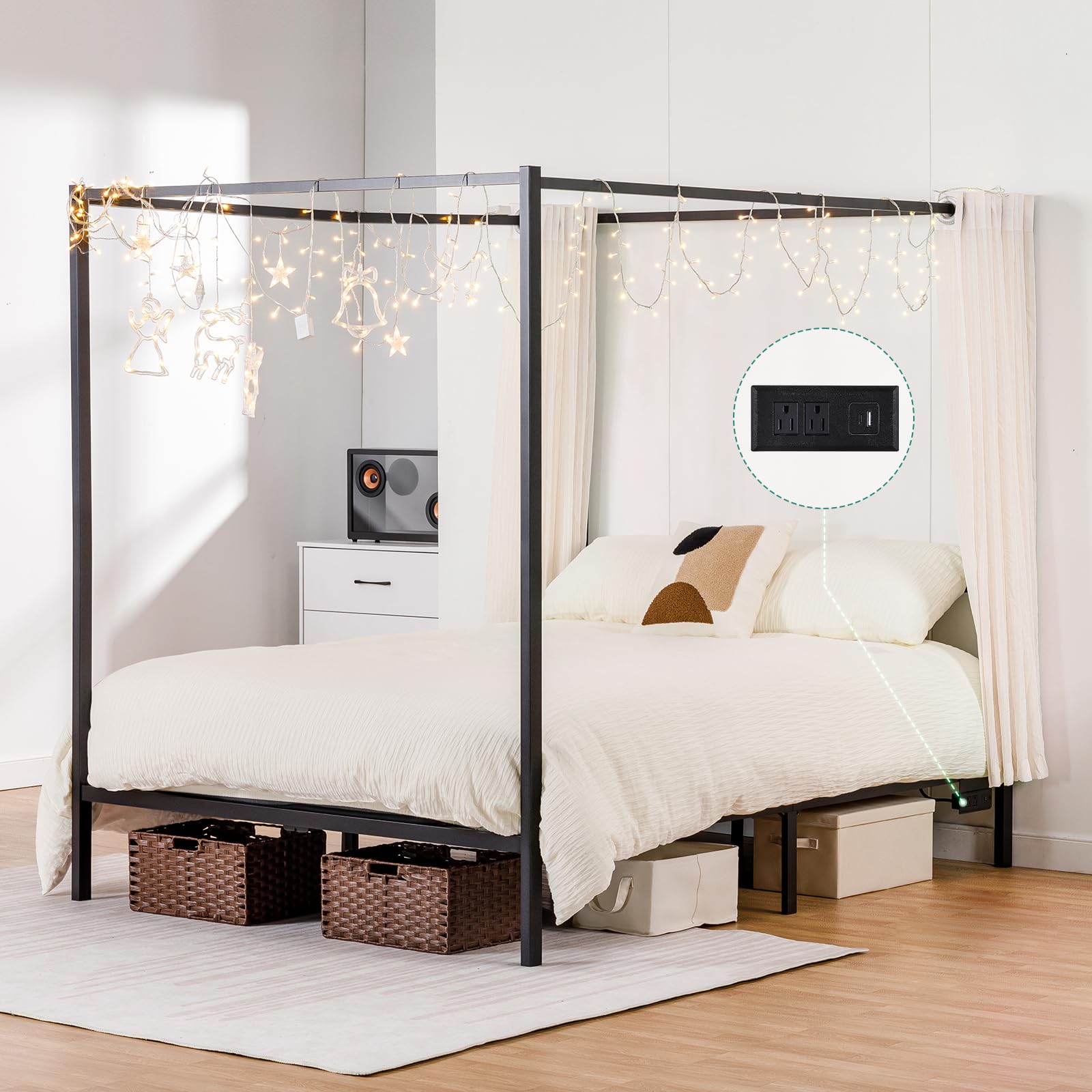 Photo 1 of COMHOMA Canopy Bed Frame,Metal Bed Frames with Movable Charging Station,Four-Poster Platform Bed with Built-in Headboard and Under Bed Storage Space,No Box Spring Needed(Queen)
