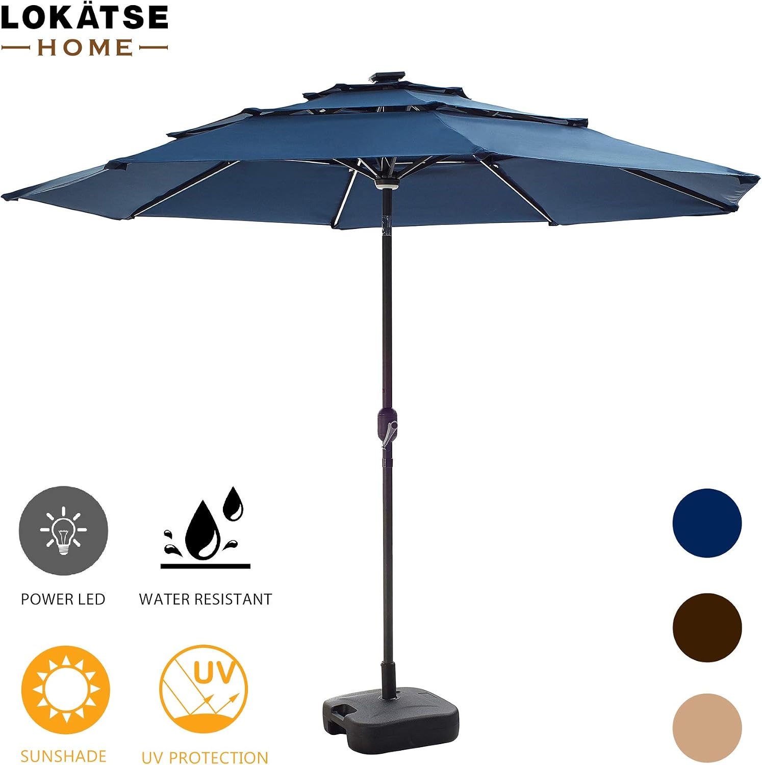 Umbrellas Patio Lawn Garden Lokatse Home 9 5 Solar Patio Umbrella Outdoor With Led Lights 3 Tier W Tilt Adjustment Deck Crank 8 Aluminum Rib Blue Metal Pole For Garden Market And Pool