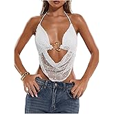 MakeMeChic Women's Y2k Crochet Halter Top Tie Open Back Metal Ring Draped Front Sequin Rave Party Going Out Tops