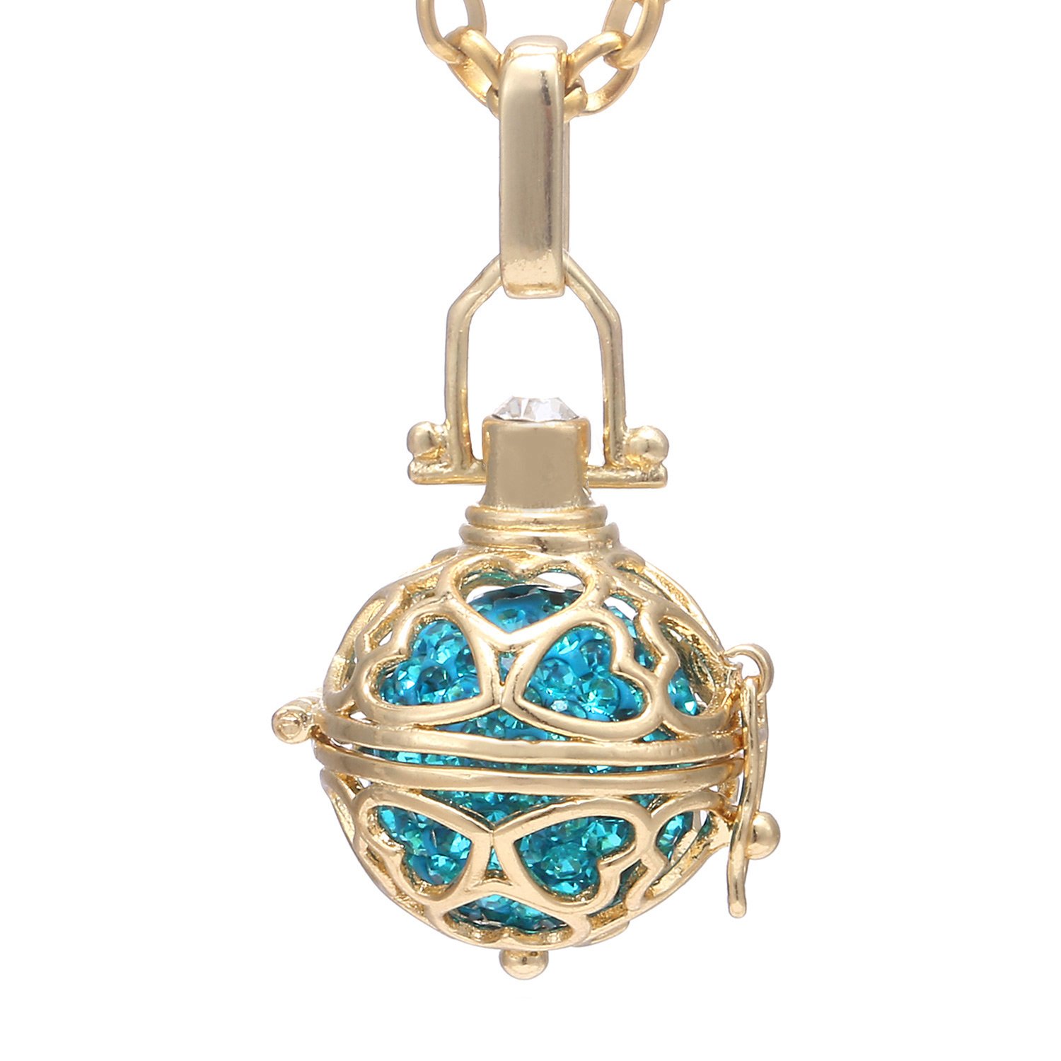 Morella Women Necklace Stainless Steel Gold 70 cm 27,5" with Heart Pendant with Sound Ball Zirconia Turquoise Ø 16 mm 0,63" in a Velvet Jewelry Bag