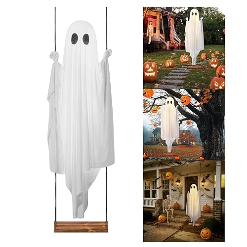 Halloween Swinging Ghost Decoration Gifts, 5 ft Hanging Ghost Swing with String Lights, Scary Ghost Spooky Cute Ghosts Outdoor Party Decor for Tree, Porch, Yard