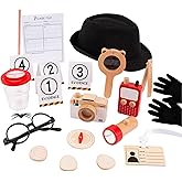 Spy Kit for Kids Detective Outfit Fingerprint Toys for 5 6 7 8 9 10 Year Old with Hat,Wooden Magnifying Glass and Detective T