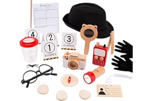 YUNHE XINQIAO TOYS FACTORY Spy Kit for Kids Detective Outfit Fingerprint Toys for 5 6 7 8 9 10 Year Old with Hat,Wooden Magnifying Glass and Detective Tools,Secret Agent Investigation Science Set,Spy Costumes for Kids 8-12