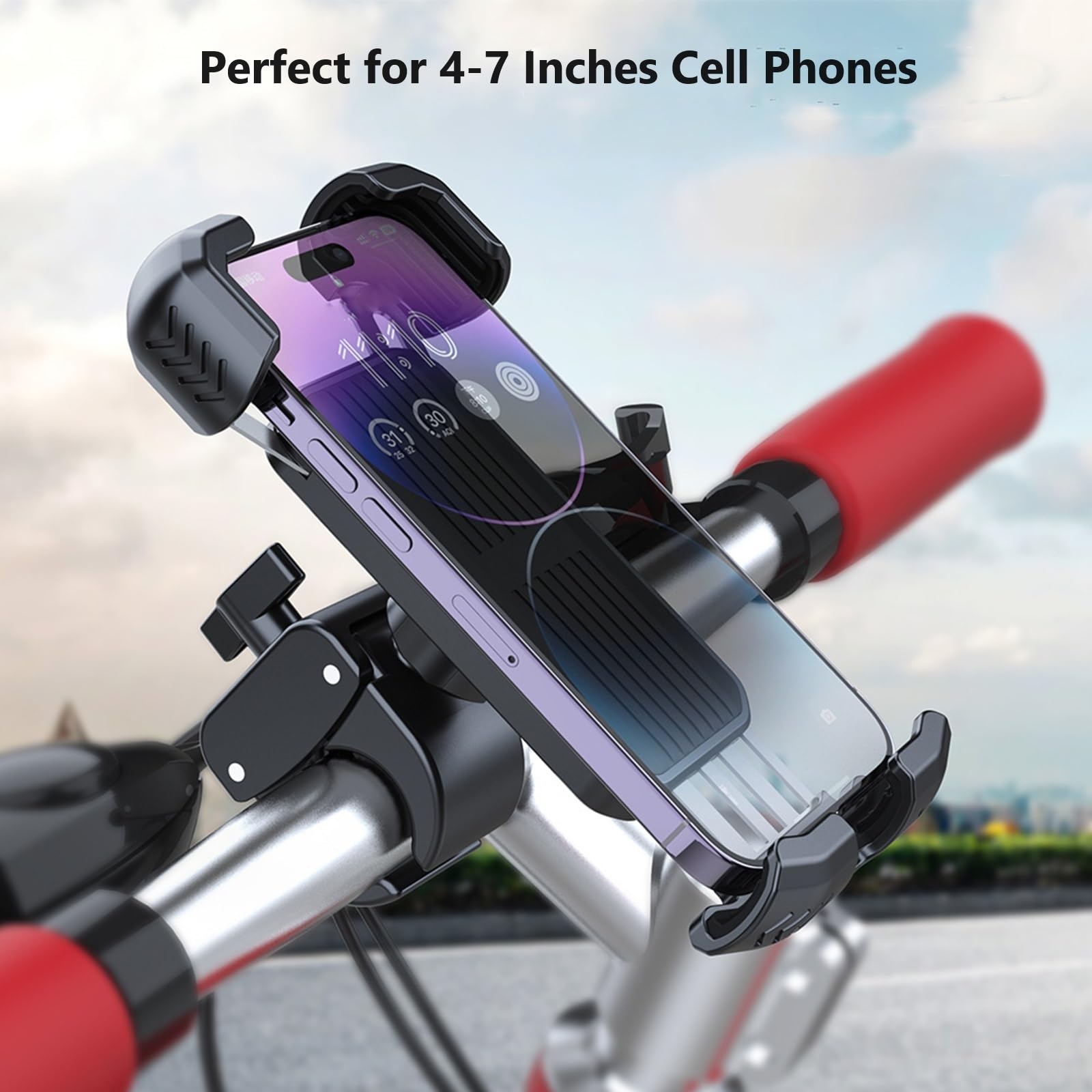 NOVAKE Bike Phone Mount Holder Handlebar Motorcycle Cell Phone Mount, Electric Scooter Stroller Ebike Mountain Dirt Bicycle Smartphones Clip for iPhone 15 Pro Max Plus 14 13 12 11, 4.7-7“ Cellphone