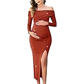 AISWI Off Shoulder Maternity Sparkly Split Dress Long Sleeve Fitted Pregnancy Dresses Semi Formal Baby Shower Photoshoot