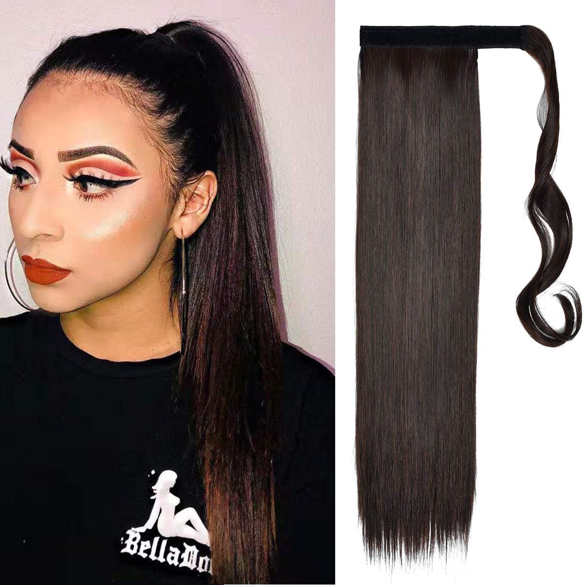 SHEDOWIG Ponytail Extension Wrap Around Long Straight Clip in Ponytails Hair Extensions for Women 26 Inch Synthetic Hairpiece Darkest Brown Mix Auburn