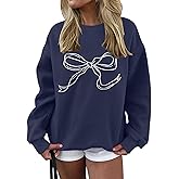 Ardrem Women Bow Graphic Fleece Sweatshirts Oversized Embroidered Pullover Sweatshirts Crewneck Long Sleeve Going Out Tops