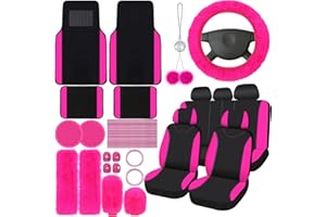 Woanger 47 Car Seat Cover Full Set for Women Included Car Front Rear Seat Fluffy Steering Wheel Cover Belt Automotive Floor Mats Air Conditioner Decoration Strip Universal(Rose Red)