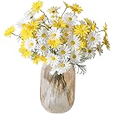 Bacucine Artificial Daisy Flowers 12Pcs Artificial Flowers Silk Daisies with Stems Real Look for Home Wedding Garden Vase Decor (White+Yellow)
