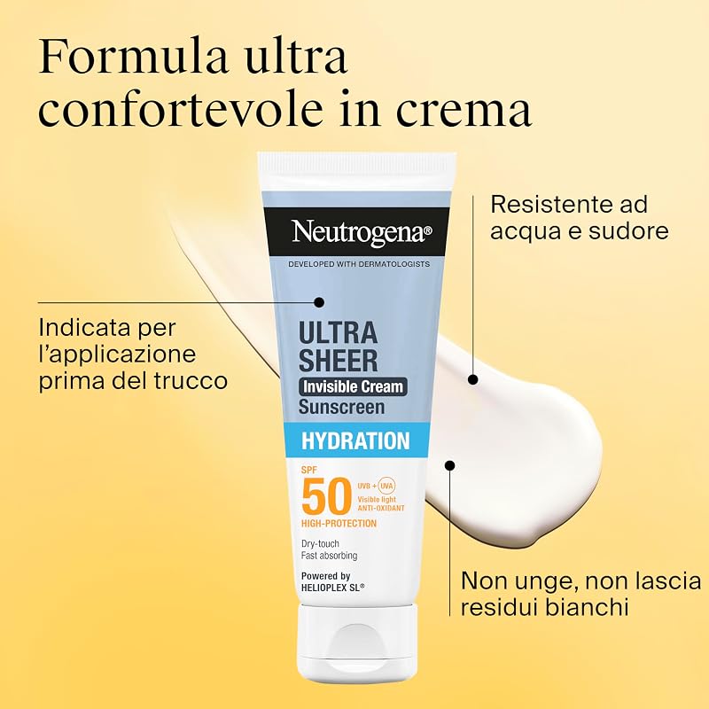 Ultra Sheer Crema Invisibile Protezione Solare Idratante SPF 50 50 ml, Crema viso SPF 50 leggera per pelli secche o molto secche e sensibili, Senza profumo, Non comedogenica