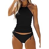 Women's Bathing Suit Solid Color Drawstring Side Halter Neck Tankini Set, Solid Black, S