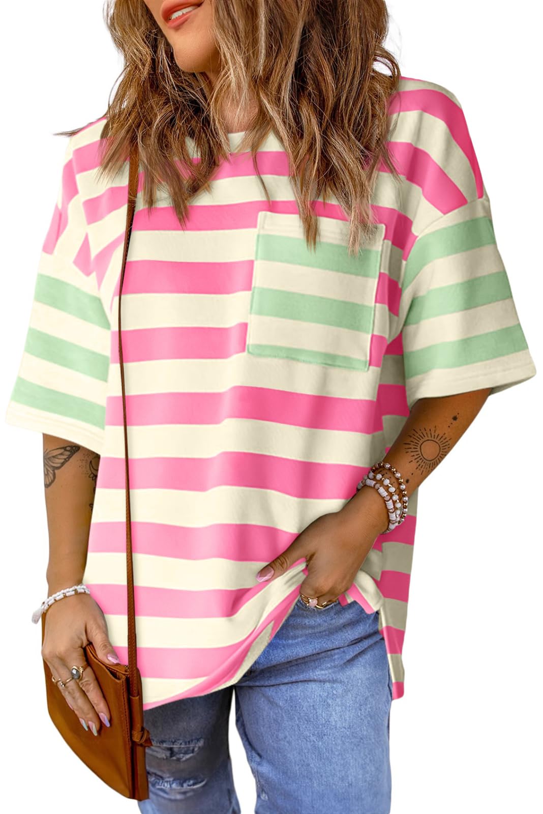 Women's Plus Size Casual Shirt Colorblock Stripe Cotton O-Neck Short Sleeve