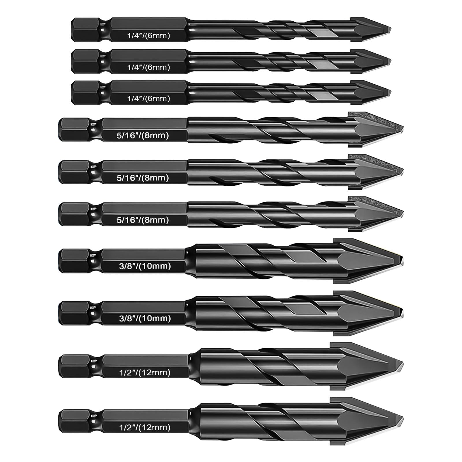 10 Pieces High-Strength Eccentric Twist Drill Bit Set, Carbide-Tipped Crooked Drill Bit for Concrete Walls Tiles Glass Hard Plastic Cement Granite (Black,6/8/10/12mm)
